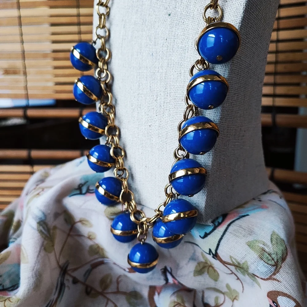 J. Crew Blue Balls Bauble Heavy Gold Tone Gumball Beaded Bands Beads Necklace